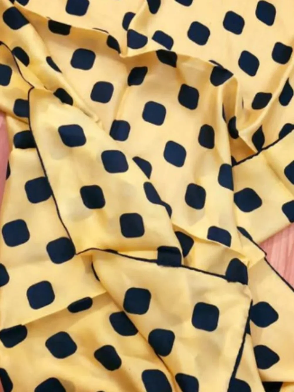 Yellow Silk Scarf with Navy Rounded Squares